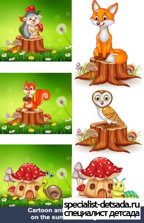 artoon animals in the forest on the summer background |       